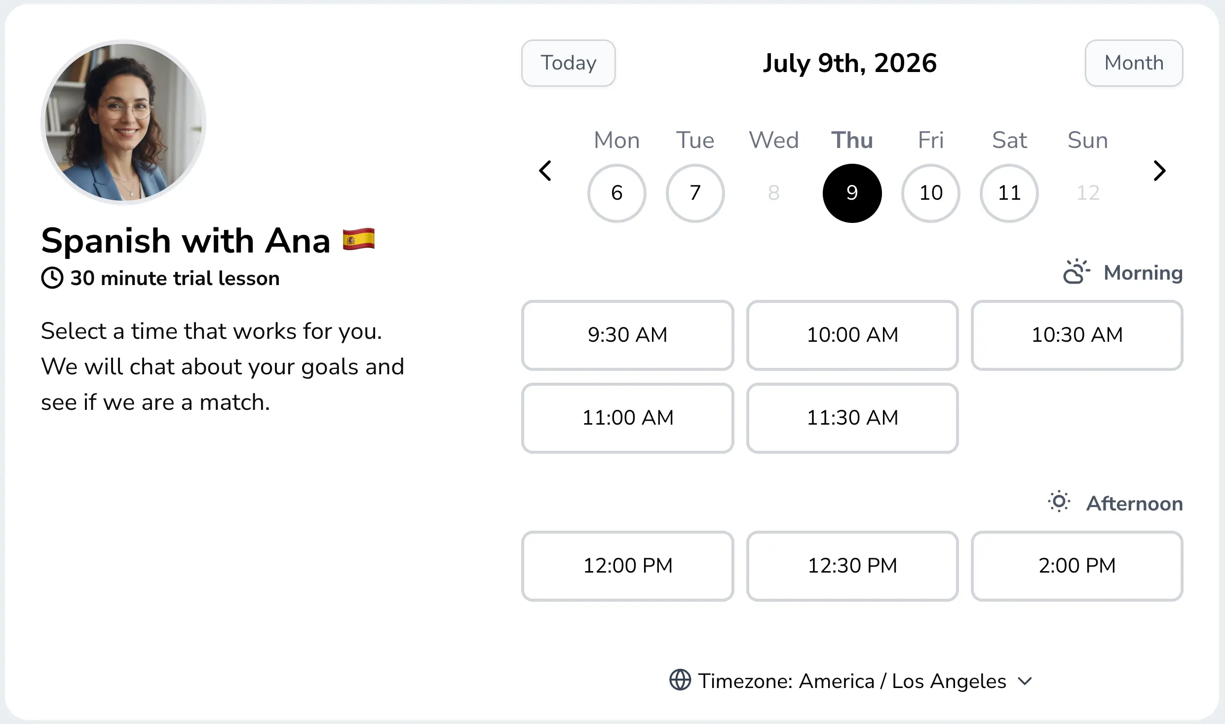 Tutor booking calendar showing a trial lesson booking